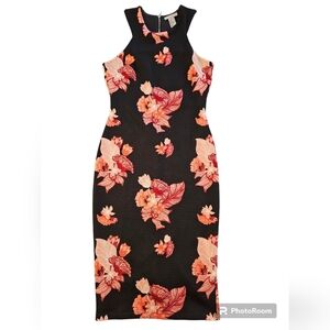 H&M S fitted Bodycon dress navy blue floral sz small shift High Neck